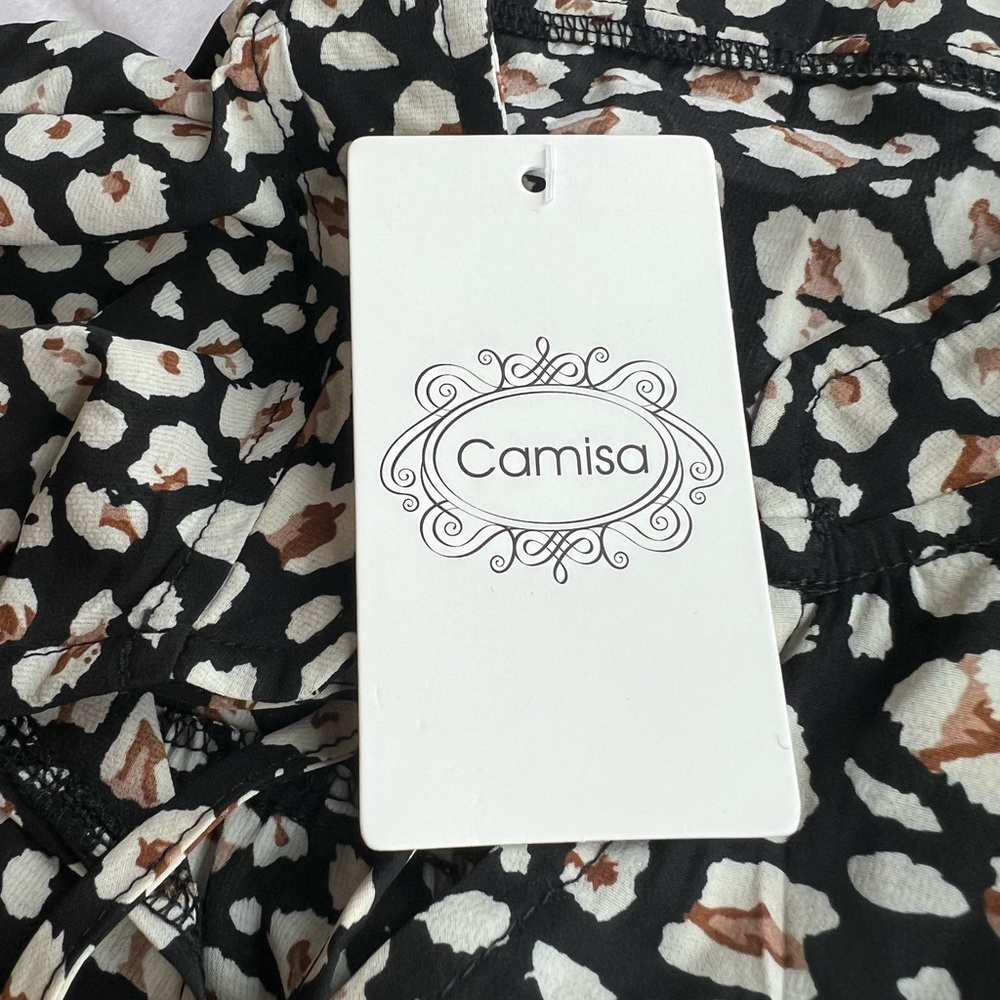 NWT Camisa navy blue leopard bell sleeve empire waist blouse neck ties tiered - Picture 6 of 14